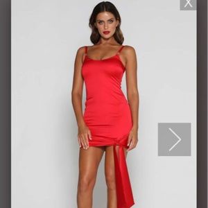 MESHKI  Blair Tie Knot Hem Mini Red Satin Dress - Size M